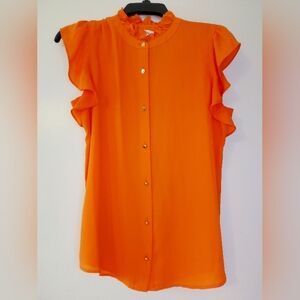Calvin Klein Orange Ruffle-Sleeve Button Front Blouse